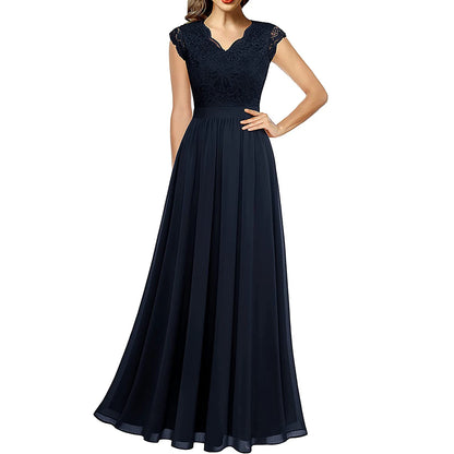 Women's V Neck Sleeveless Lace Patchwork Chiffon Wedding Party Bridesmaid Long Dress