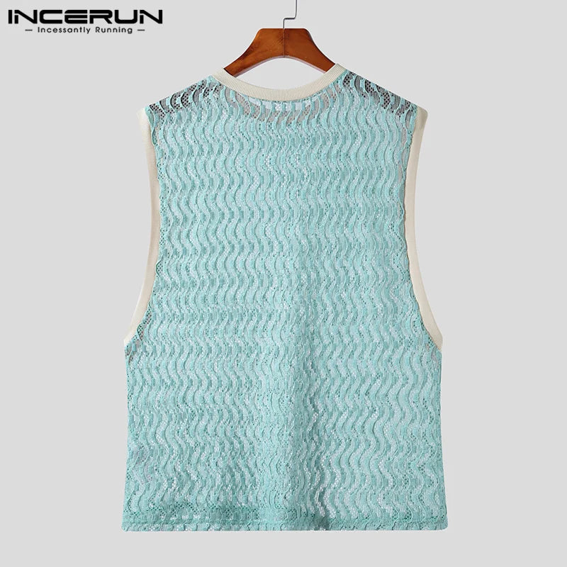 2023 männer Tank Tops Patchwork Mesh Transparente Spitze Streetwear Oansatz Ärmellose Westen Sexy Mode Männer Kleidung S-5XL INCERUN 7