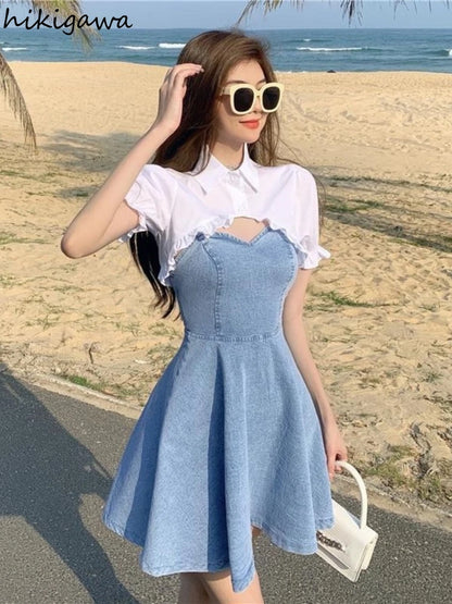 Sommerkleid Anzug Mode Zweiteiler Set für Frauen Süße Rüschen Weiß Crop Tops Schlanke Denim Sling Kleid Sets Koreanische Y2k Kleidung