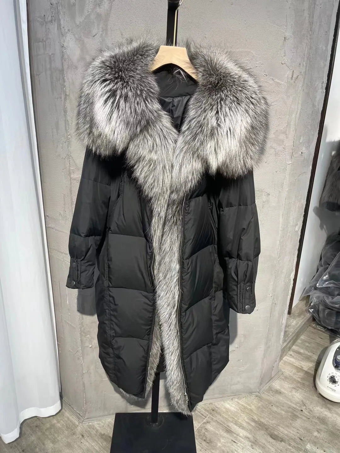 FURYOUME Winter Long Goose Down Coat Women Parka Fashion Thicken Warm Down Jacket with Large Real Fox Fur Collar Female Overcoat