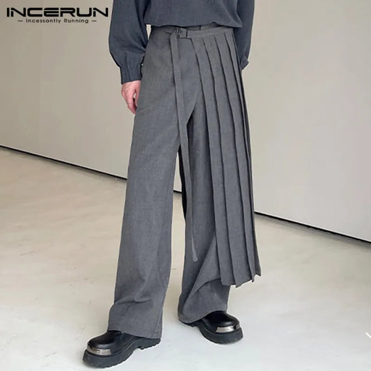 INCERUN – pantalon irrégulier pour hommes, couleur unie, jogging, Streetwear, ample, plissé, droit, décontracté, Long, 2023, S-5XL