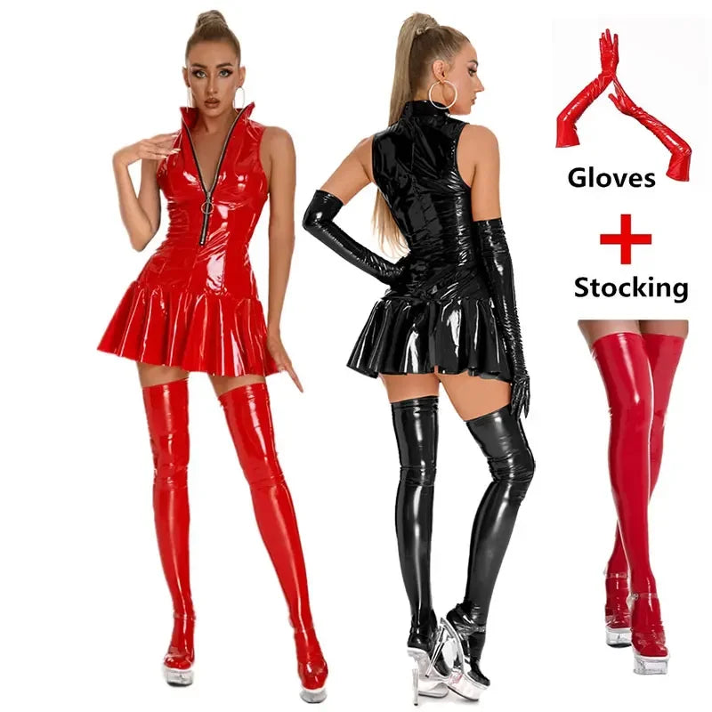 Femmes Sexy en cuir brillant robe à bretelles dame érotique façonnage plissé Latex robe courte fermeture éclair porno poitrine exposant Latex Mini robe