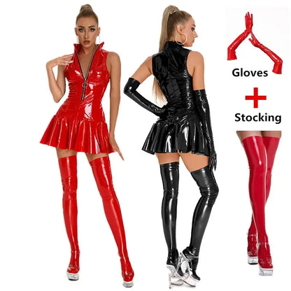 Femmes Sexy en cuir brillant robe à bretelles dame érotique façonnage plissé Latex robe courte fermeture éclair porno poitrine exposant Latex Mini robe