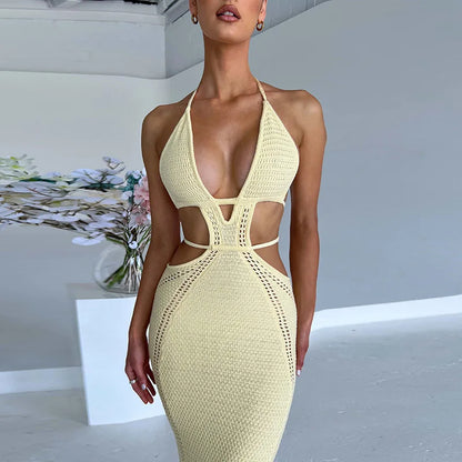 Damen Bodycon Kleid Neue Sexy Street Style Pure Wollen Hängenden Hals Wickeln Brust Hohl Spleißen Schnürkleid Weibliches Sommerkleid