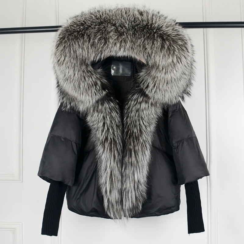 2023 New Winter Large Real Sliver Fox Fur Trim Knitted Sleeve Puffer Jacket Women Loose Thickened Parka Casual Duck Down Coat