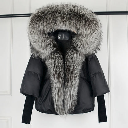 2023 New Winter Large Real Sliver Fox Fur Trim Knitted Sleeve Puffer Jacket Women Loose Thickened Parka Casual Duck Down Coat