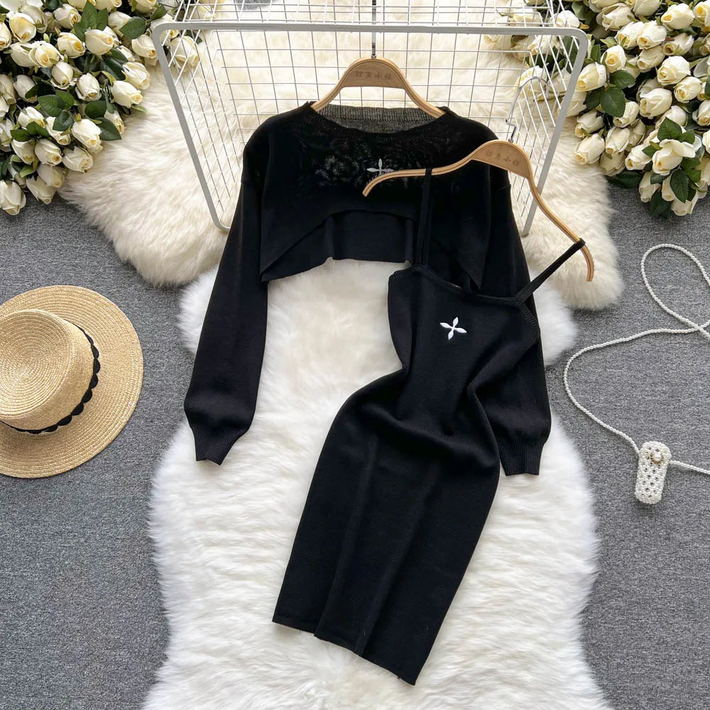 YuooMuoo Autumn Women Dress Set Fashion Y2K Knitted Spaghetti Strap Mini Dress + Full Sleeve Crop Top Streetwear Two Piece Suits