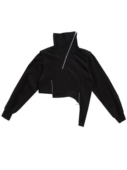 [EAM] Lose Fit Schwarz Zipper Unregelmäßigen Sweatshirt Neue Rollkragen Langarm Frauen Große Größe Mode Frühling Herbst 2024 1DE3327