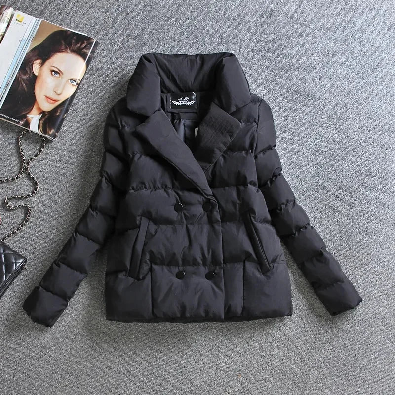 Damen Daunen-Baumwolljacke Winter Kurzmantel Verdicken Oberbekleidung Umlegekragen Zweireihig Warme Oberteile Weibliche Schlanke Baumwolljacke