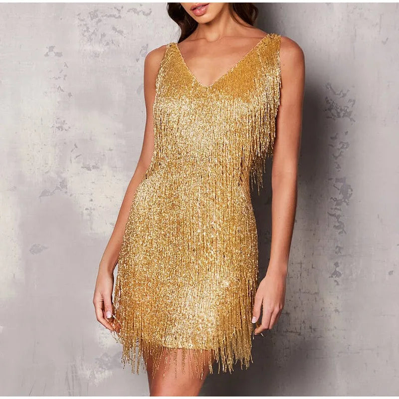 2023 neue Sexy Quaste Pailletten Feder Mini Kleid Frauen Spaghetti Strap Nähte Kleider Weibliche Elegante Abend Party Club Kleid