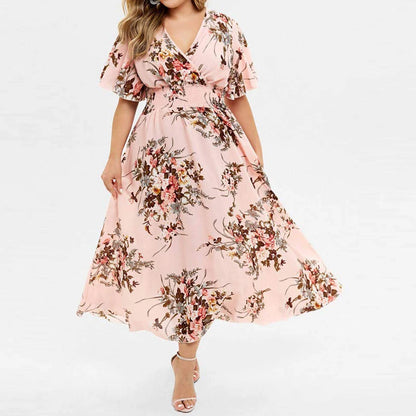 Sommer Neue Sexy V-ausschnitt frauen Strand Kleid Plus Größe Lose Mode Floral Gedruckt Schmetterling Ärmel Midi Kleid Dame Hochzeit Kleid