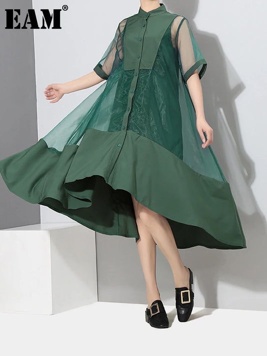 [EAM] Women Green Organza Irregular Shirt Dress New Stand Collar Half Sleeve Loose Fit Fashion Tide Spring Summer 2024 JT581