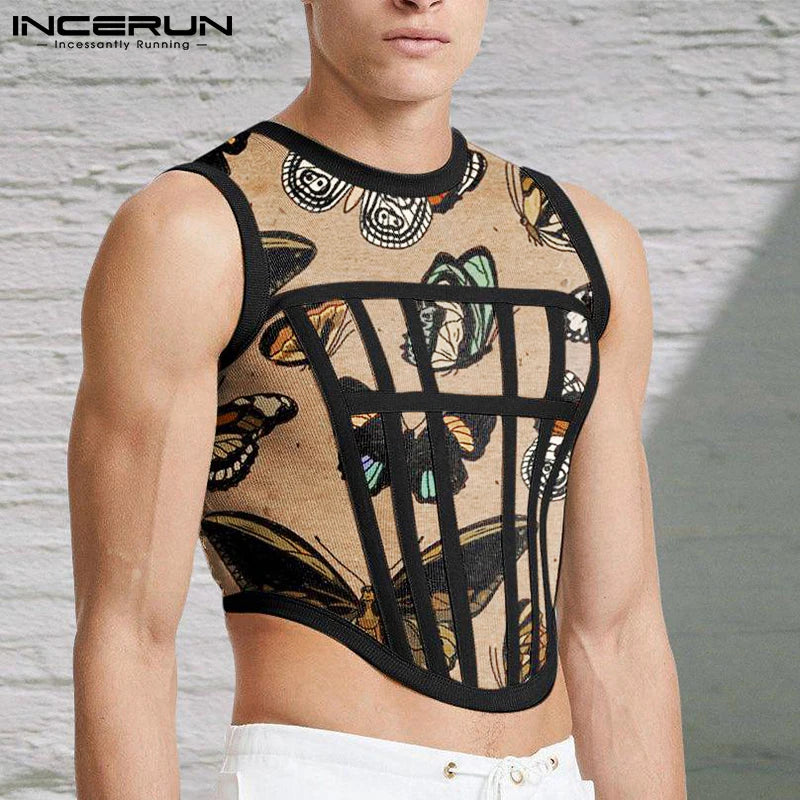 2023 männer Tank Tops Mesh Patchwork Rundhals Streetwear Ärmel Durchsichtig Westen Sexy Party Nachtclub Männer Crop Tops INCERUN