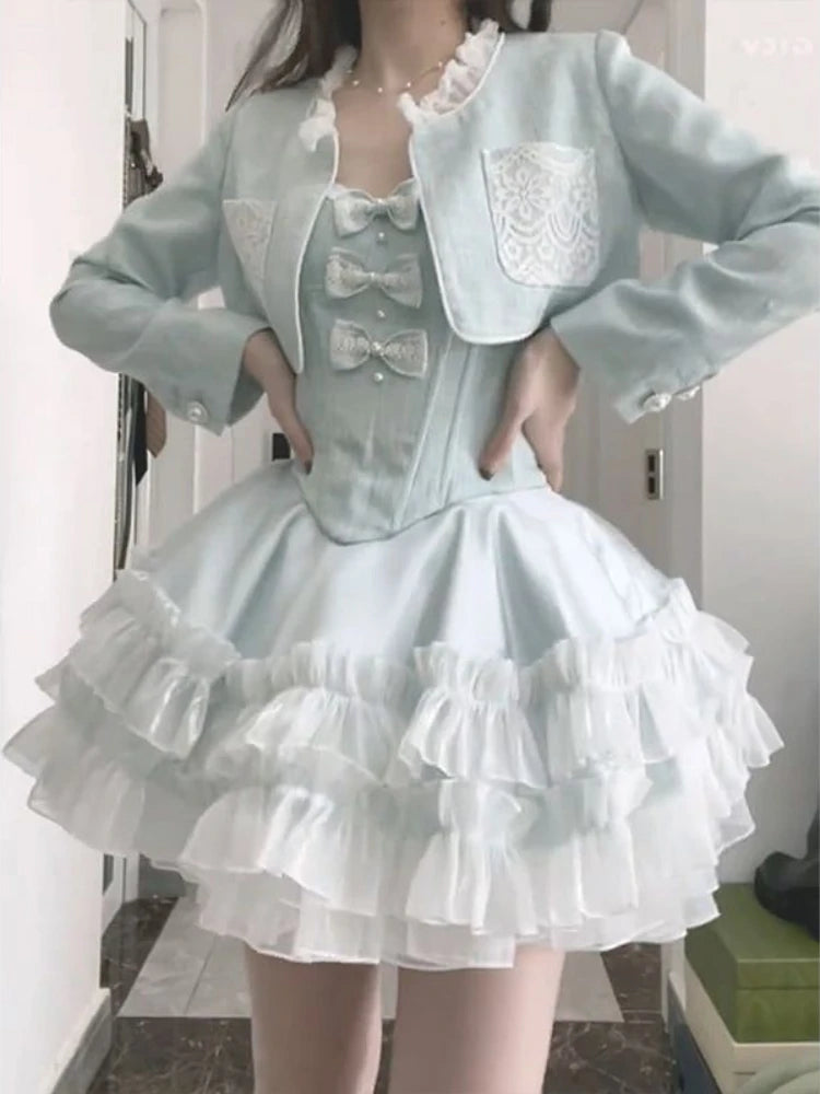 Blue Sweet Kawaii Two Piece Set Women Summer Sexy Elegant Party Mini Dress Suits Female Lolita Cute Dress + Long Sleeve Coat New