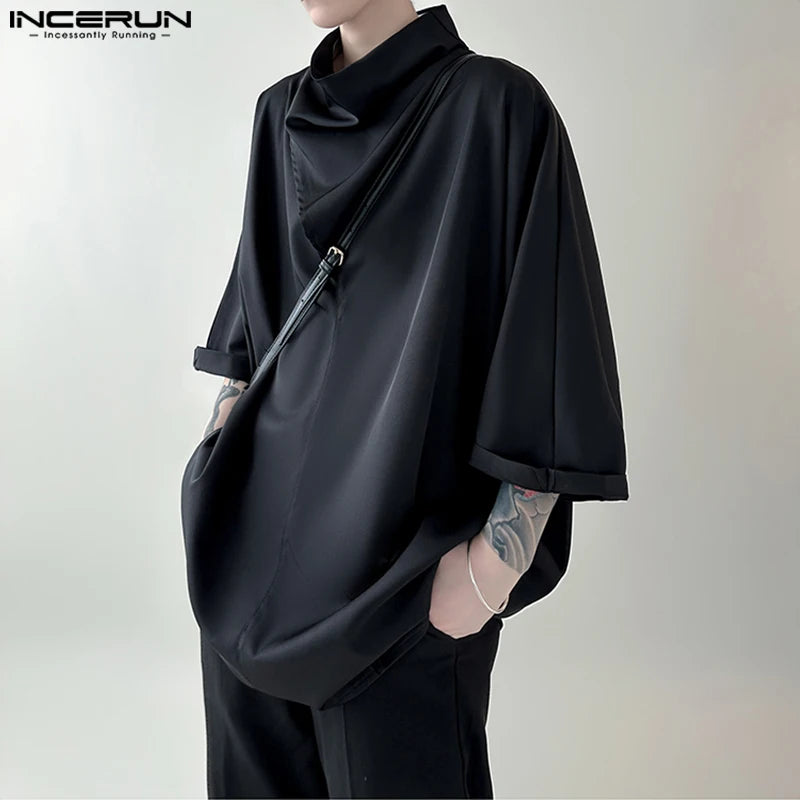 INCERUN – chemise à col roulé pour hommes, couleur unie, manches 2023, vêtements coréens décontractés, Streetwear, ample, à la mode, chemises irrégulières, 3/4