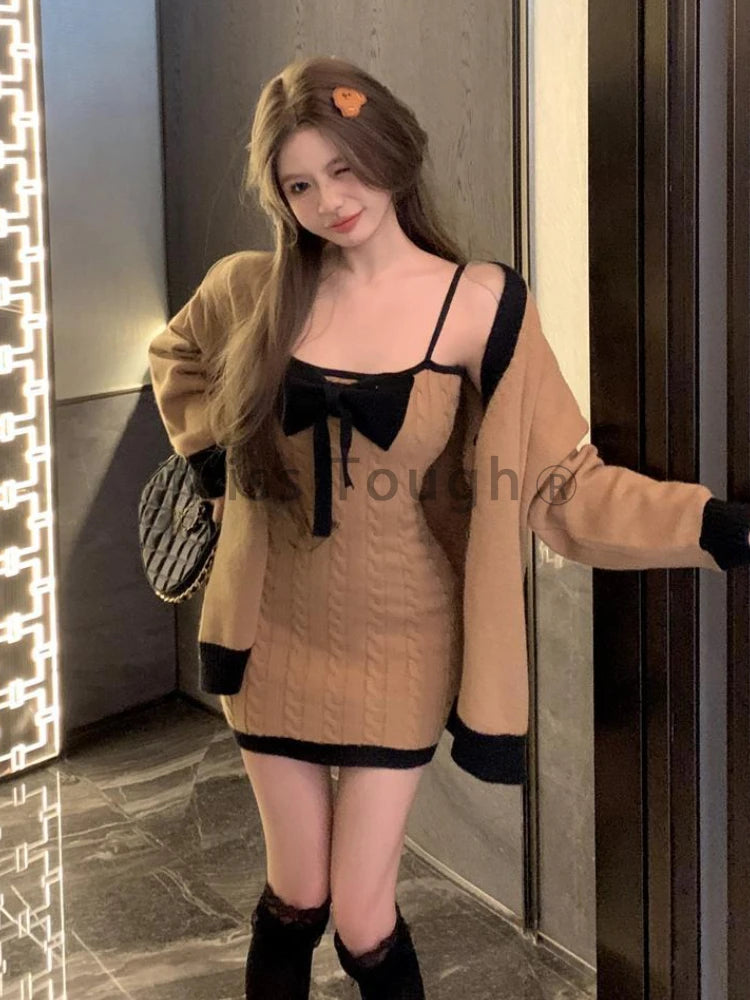 Winter Kawaii Knitted Two Piece Set Women Bow Mini Dress + Sweater Coat Female Korean Fashion Soild Vintage Mini Dress Suit 2023