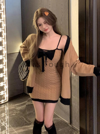 Winter Kawaii Knitted Two Piece Set Women Bow Mini Dress + Sweater Coat Female Korean Fashion Soild Vintage Mini Dress Suit 2023