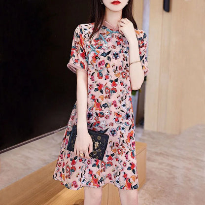 Vintage Printed Spliced Loose Bow Asymmetrical Mini Dress Women's Clothing 2023 Summer New Short Sleeve Office Lady Floral Dress