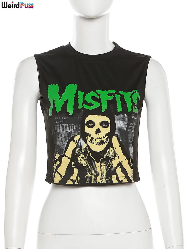 Weird Puss Halloween-Stil Damen Crop Tops Totenkopf-Briefdruck O-Ausschnitt ärmellos Kausal Basic Weste Festival Party Y2K Streetwear