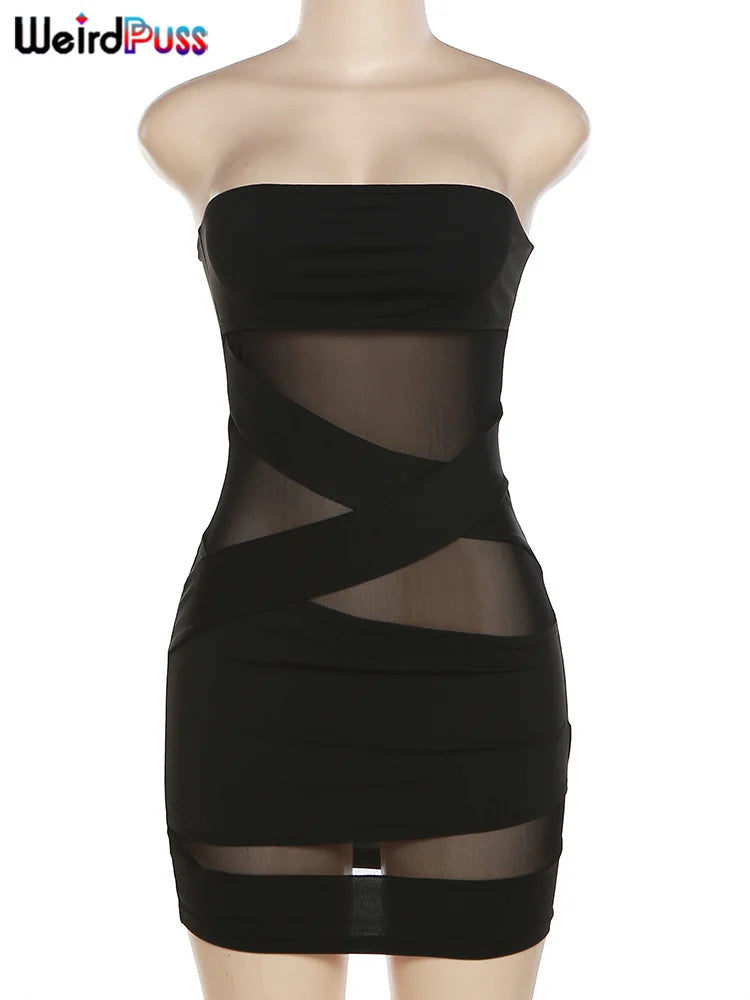 Seltsame Puss Party Trägerloses Kleid Frauen Patchwork Mesh Sommer Trend Ärmellose Mitternacht Sexy Hüfte Mini Bodycon Dünne Clubwear