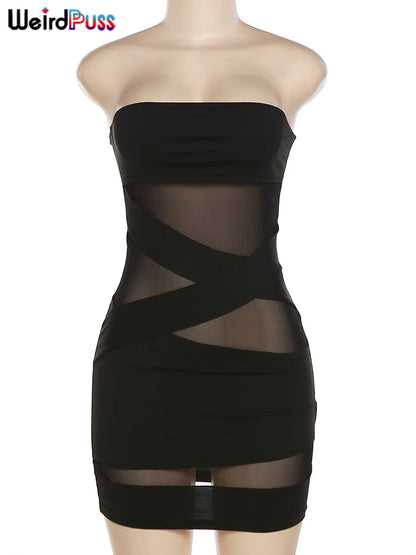 Seltsame Puss Party Trägerloses Kleid Frauen Patchwork Mesh Sommer Trend Ärmellose Mitternacht Sexy Hüfte Mini Bodycon Dünne Clubwear