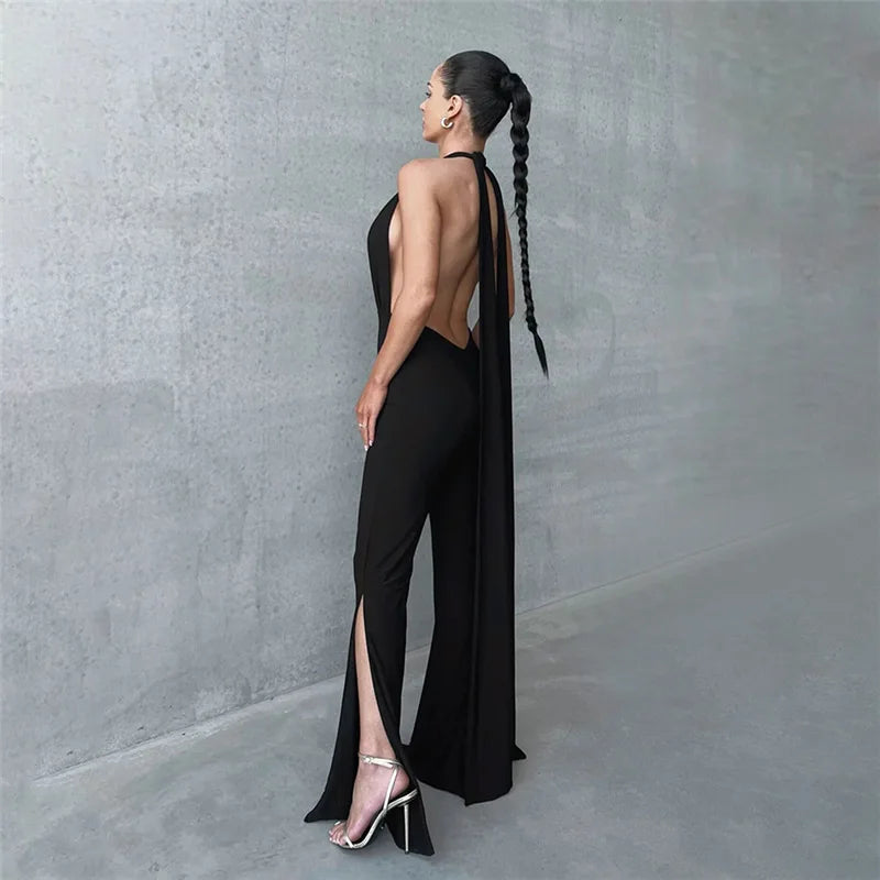 Cryptographic Deep V Wrap Around Halter Sexy Backless Flare Pants Jumpsuits Fashion Outfits for Women One-Piece Rompers Overalls