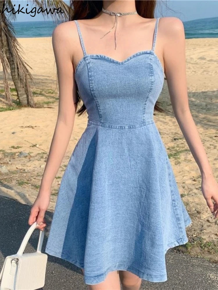 Sommerkleid Anzug Mode Zweiteiler Set für Frauen Süße Rüschen Weiß Crop Tops Schlanke Denim Sling Kleid Sets Koreanische Y2k Kleidung