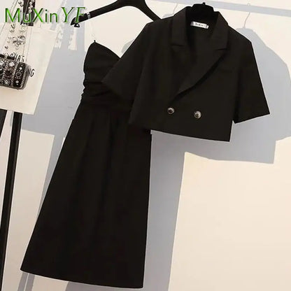 2024 Summer Fashion Short Small Blazer Sling Dress Two Piece Suit Women Korean Elegant Short Sleeve Casual Suit Midi Skirt Set