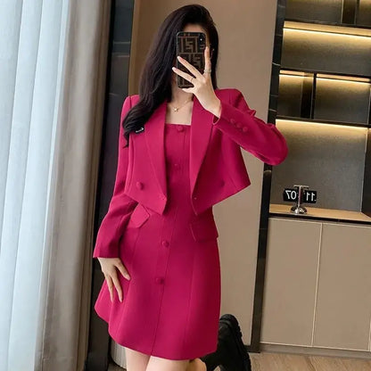 Junge Frauen Zwei Stücke Set Schlank Büro Dame 2023 Frühjahr Neue Hosenträger Kleid Elegante Kerb Blazer Mantel Top Übergroßen 4XL Koreanische