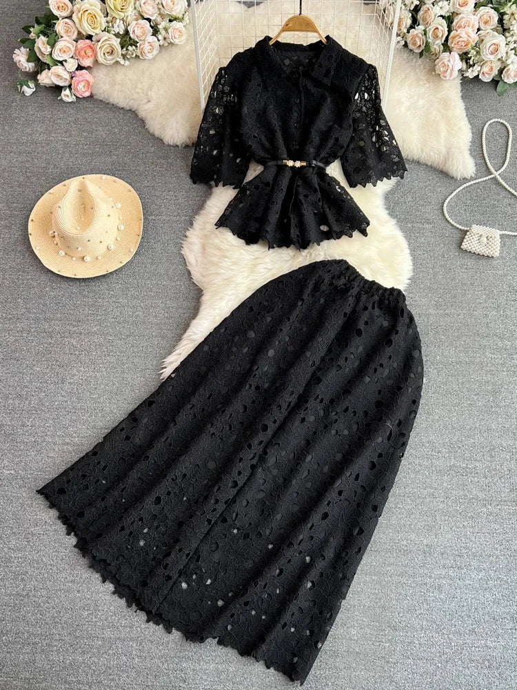 Ensemble de robe d'été pour femmes, Style Vintage, manches courtes, ajouré, simple boutonnage, deux pièces, taille haute, robe trapèze, D3289