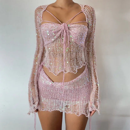 Robe tricotée au Crochet, ensemble jupe deux pièces, vêtements d'hiver pour femmes, hauts courts sexy, robe élégante en tricot à paillettes, ensemble 2 pièces, 2023