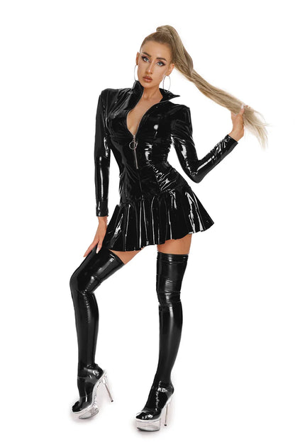 Women's Wet PVC Leather Tight Bodycon Mini Dress Latex Hollow Zipper Stand Up Collar A-Line Mini Pleated Skirt Latex Dresses