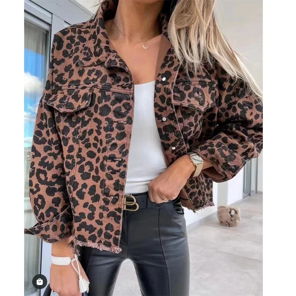 Vintage Denim Jacken für Frauen 2024 Neue Leopard Demin Jacke Trendy Langarm Schlank Winter Jacke Frauen Mäntel Freund Lose