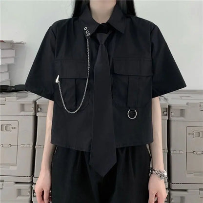 Robe d'été Style Punk pour femmes, mode personnalité, chaîne, manches courtes, haut à bretelles, robes à bandes, ensemble 2 pièces, chemise noire, 2023