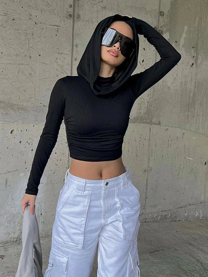 Weekeep Grunge Retro Folds Crop Top with Hooded Skinny Long Sleeve Solid Women's T-shirts y2k Aesthetic Ladies Fashion Clothing