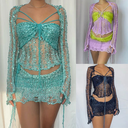 Jupe Y2K pour femmes, jupe creuse, ensemble de 3 pièces, jupe à paillettes, robes tricotées au crochet, robe d'été sexy et élégante, mini haut court