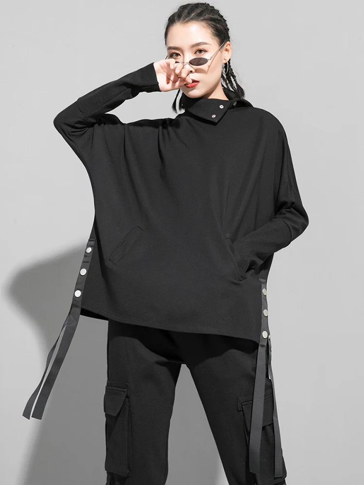 [EAM] Women Black Irregular Ribbon Big Size Casual T-shirt New Turtleneck Long Sleeve Fashion Tide Spring Autumn 2024 1DF5280