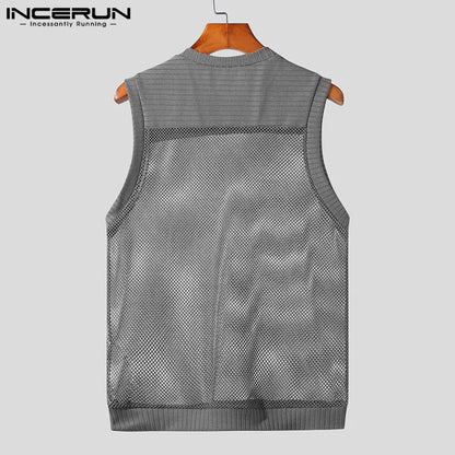 2023 männer Tank Tops Mesh Patchwork Transparent Atmungs Oansatz Ärmellose Sexy Männer Kleidung Sommer Mode Westen S-5XL INCERUN