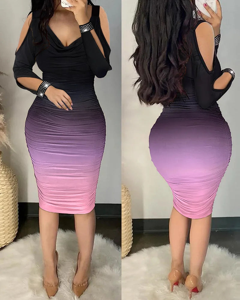 Autumn Elegant Cold Shoulder Party Tight Dress Women Fashion V-Neck Hollow Out Diamond Long Sleeve Ruched Bodycon Dress Woman