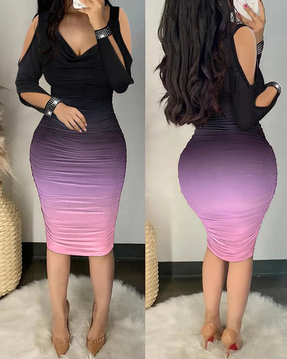 Autumn Elegant Cold Shoulder Party Tight Dress Women Fashion V-Neck Hollow Out Diamond Long Sleeve Ruched Bodycon Dress Woman