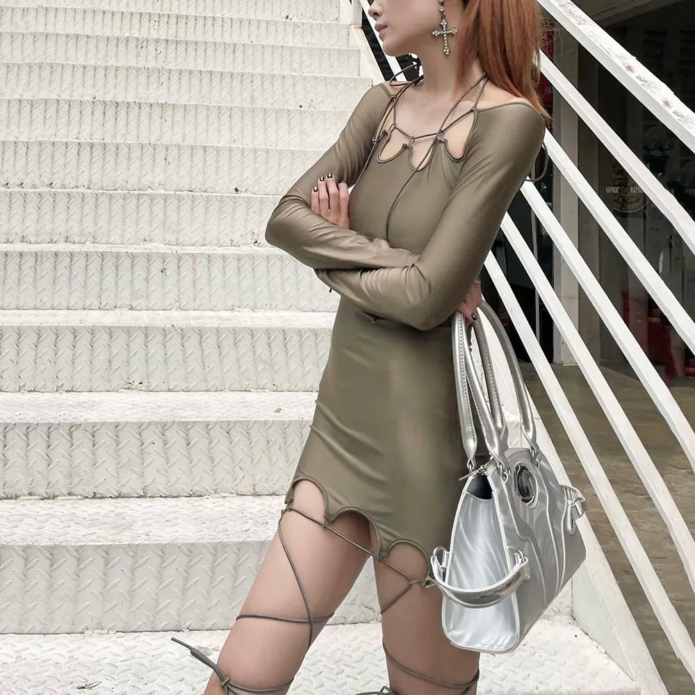 Women's Dresses 2024 Spring New Y2K Stretch Strapless Scalloped Shoulder Strap Tie Decoration Fashion Sexy Long Sleeve Dresses