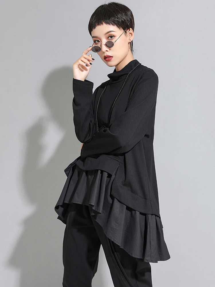 [EAM] Loose Fit Asymmetrical Ruffles Sweatshirt New High Collar Long Sleeve Women Big Size Fashion Tide Spring Autumn 2024 1A529