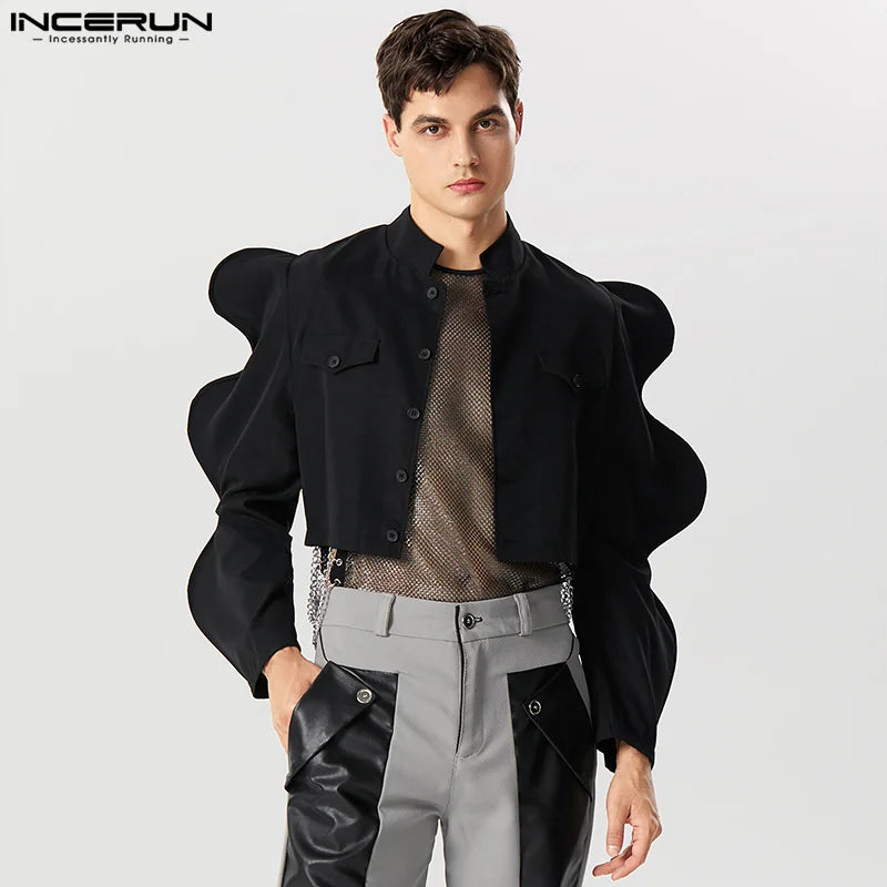 INCERUN – vestes à col montant pour hommes, couleur unie, manches longues, vêtements d'extérieur fins, Streetwear, simple boutonnage, manteaux courts à la mode, 2023