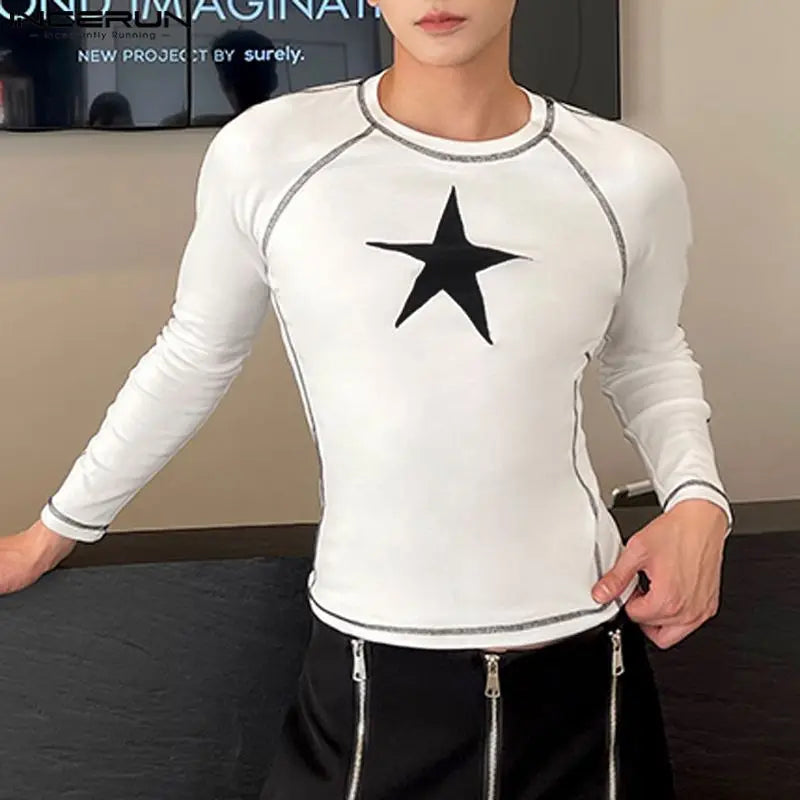 2023 männer T Shirt Druck Oansatz Langarm Fitness Streetwear Casual Männer Kleidung Herbst Koreanischen Stil T Tops S-5XL INCERUN