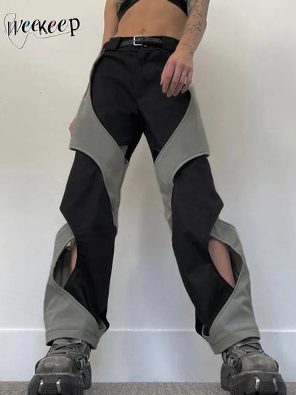 Weekeep y2k Techwear Casual Pants Chic Contrast Hollow Out Baggy Women Cargo Pants Streetwear Low Rise Sweatpants Korean Fashion