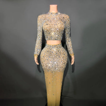 Glitzerndes Strass-Oberteil, langer Rock, sexy, transparentes, dehnbares zweiteiliges Set, Feiern Sie den Abend, das Ballkleid, das Geburtstagskleid für Frauen