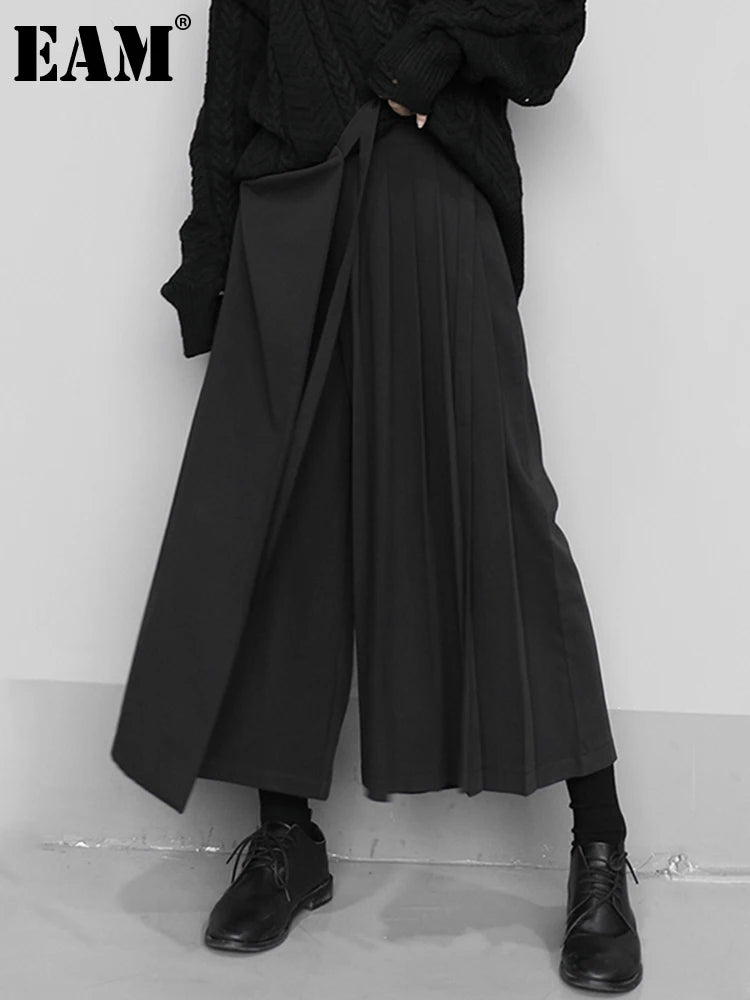 [EAM] High Elastic Waist Black Pleated Split Wide Leg Trousers New Loose Fit Pants Women Fashion Tide Spring Autumn 2024 1N666