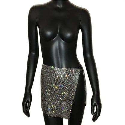 AKYZO Women's Sexy Clubwear Split Rhinestone Mini Skirt 2023 New Luxury Metal Sequin Glitter Crystal Party Skirt Gold/Silver