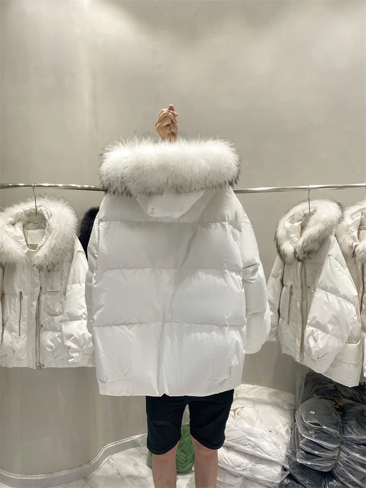 Manteau d'hiver en duvet de canard blanc pour femme, veste bouffante, surdimensionnée, à capuche, épaisse, avec col en vraie fourrure de raton laveur naturel, 2022