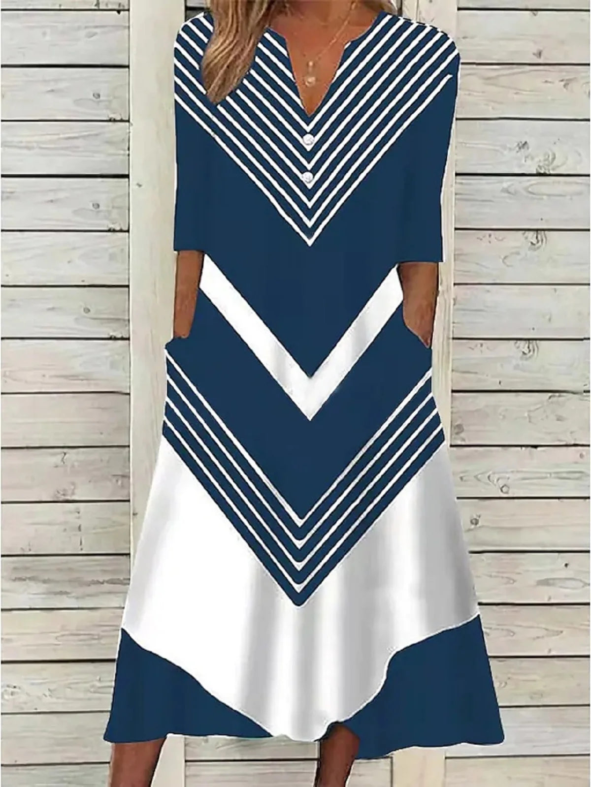 Robe décontractée pour femmes, robe droite, mi-longue, rayures noires et blanches, vert, bleu foncé, demi-manches, boutons, bloc de couleur, été, printemps